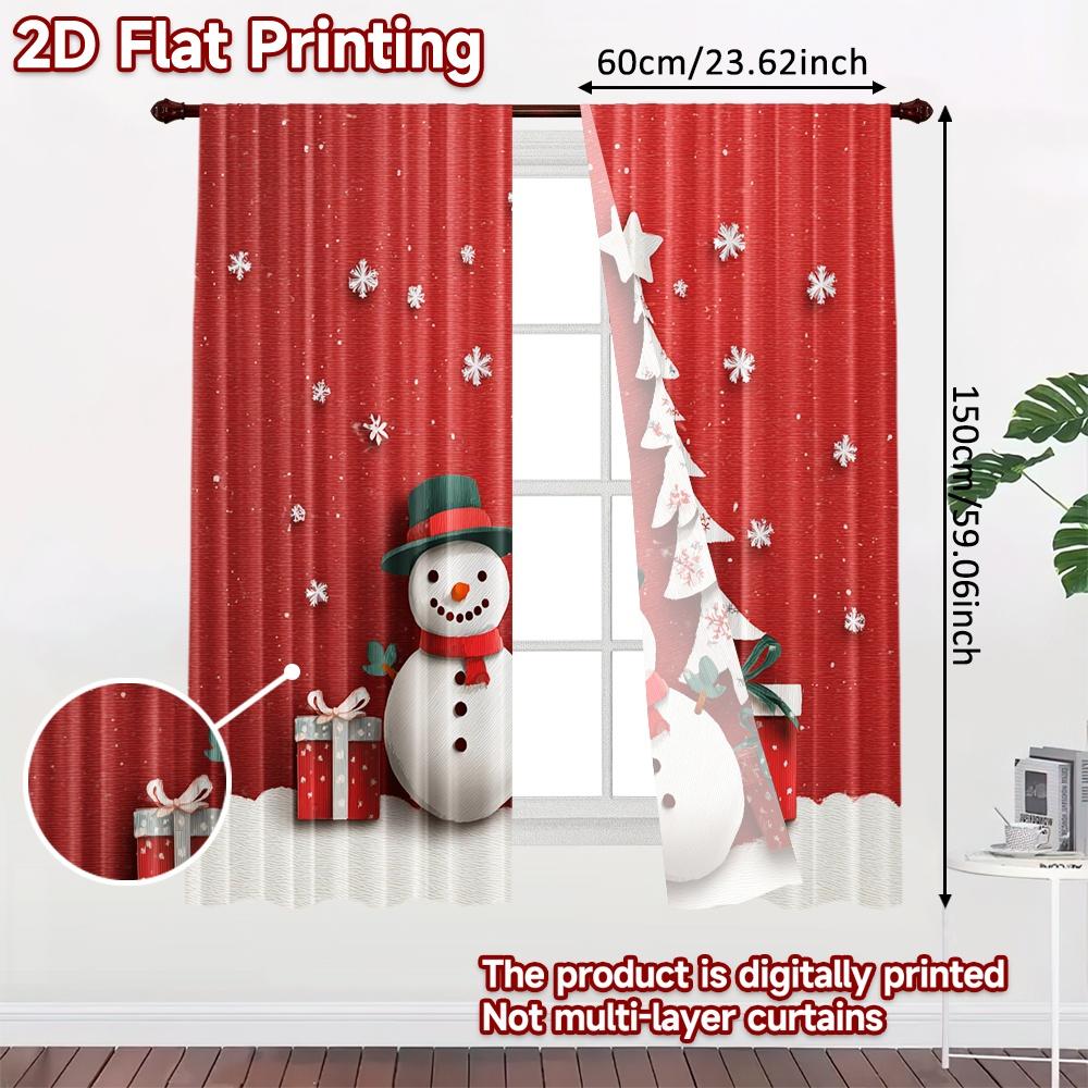 2pcs, 2D FLAT PRINTING Curtains (Without Rod) Snowy Festivity Christmas Holiday Curtains Semi-Sheer Curtains Versatile All