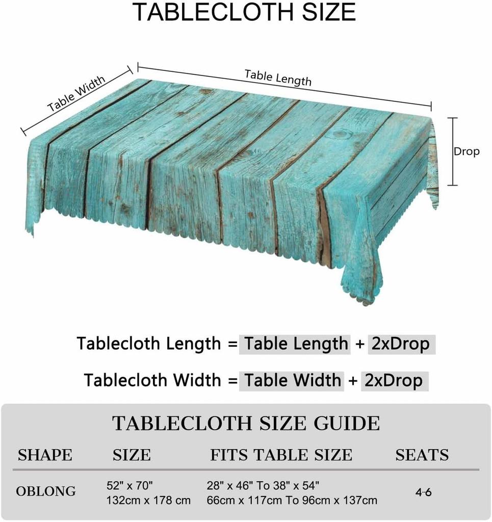 Față de masă dreptunghiulară vintage turcoaz cu aspect de lemn, impermeabilă, decor pentru masă, decor de fermă pentru bucătărie, față de masă pentru masă de dining, decor pentru petrecere