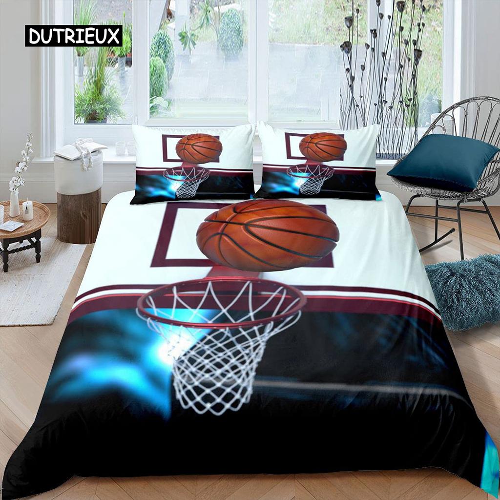 Juego de funda nórdica de baloncesto, juego de cama con temática deportiva de pelota 3D negra, juego de edredón de microfibra para cancha de baloncesto, juegos competitivos, tamaño King
