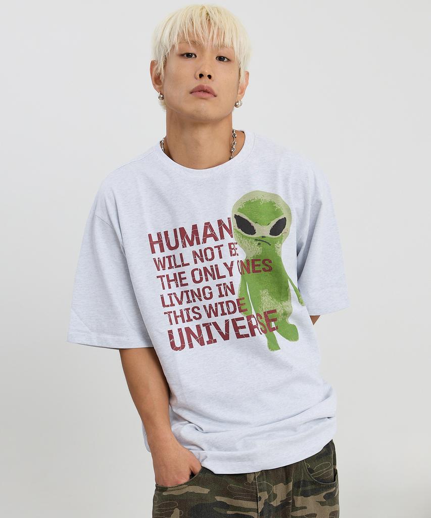 HOODHOOD Alien Slogan Short Sleeve T-Shirt Melange White