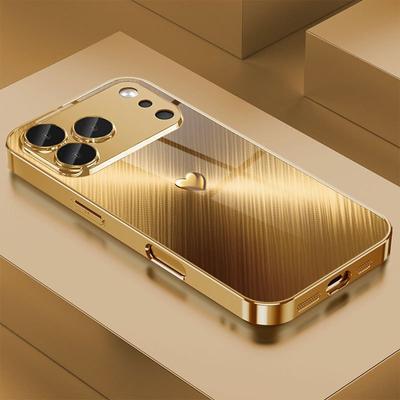 Funda de Cristal para Teléfono con Patrón de Corazón Dorado Pintura Metálica Dorada Para iPhone 17 Pro Max 11 12 13 14 15 16 Plus 17Air 16E Cubierta