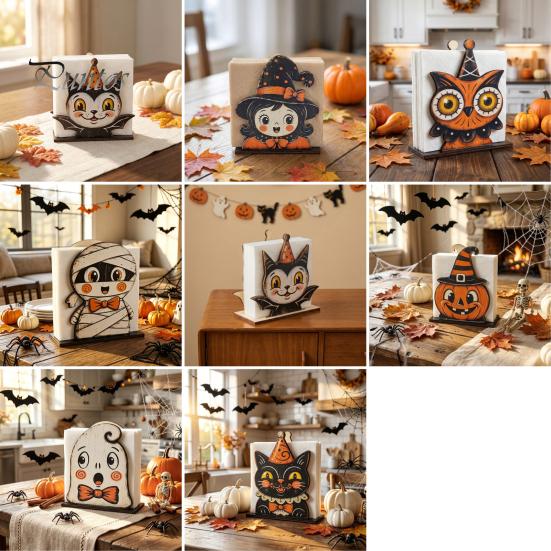 Cartoon Style Ornament Halloween Wooden Napkin Holder, Ghost Mummy Pumpkin Gothic Cute Table Decor Rustic Tabletop Tissue Dispenser for Farmhouse
