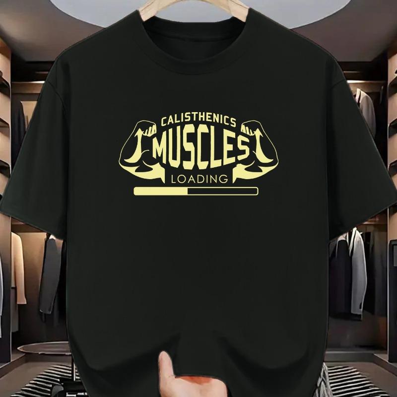 

European sizes [Everyday Comfort] Men S Calisthenics Muscle Loading Graphic T-Shirt - Casual Crew Neck, Short Sleeve 4XL чорний