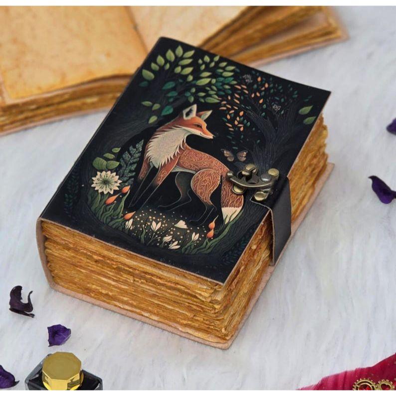 Forest Fox Journal | Woodland Diary with Lock | Handmade Grimoire Notebook | Wiccan Book of Shadows | Vintage Animal Spirit Sketchbook