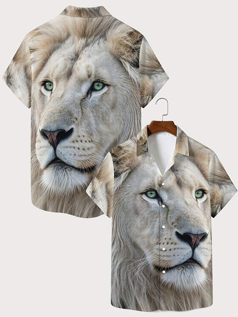 1 Stück Herren Sommer Kurzarm Hemd mit Knöpfen, Sommer Neues Herren Hemd mit Kragen Kurzarm, Leichter Luxus Weißer Löwen Print Design Locker Lässig All-Match