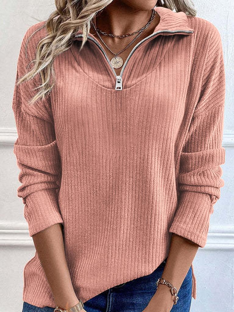 Women's Half Zip Collar Long Sleeve Ribbed Knit Sweater Loose Solid Color Casual Pullover Top