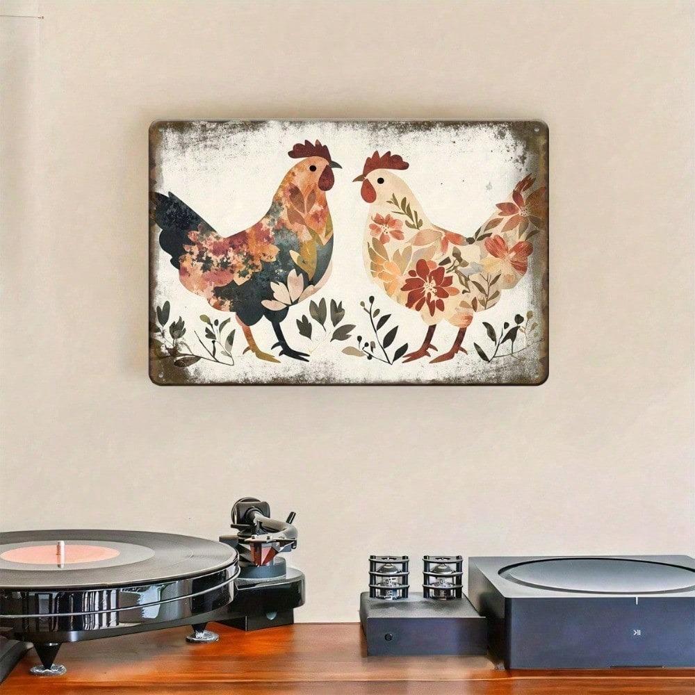 Rustic Vintage Metal Sign Farmhouse Chicken Flowers Wall Decor 2D Flat Tin Plaque for Country Kitchen Living Room Dining Bar