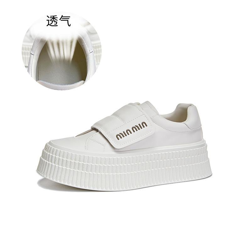 

Кожаные белые туфли на липучке женские 2025 весна новые туфли на толстой подошве увеличивающие рост туфли повседневные универсальные бисквитные женские туфли 40 бежевый