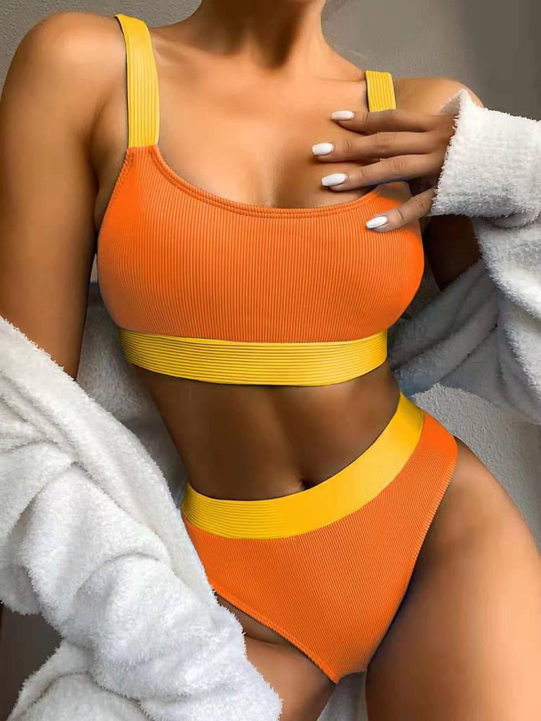 European and American Style High-Waisted Solid Color Bikini Swimsuit for Women