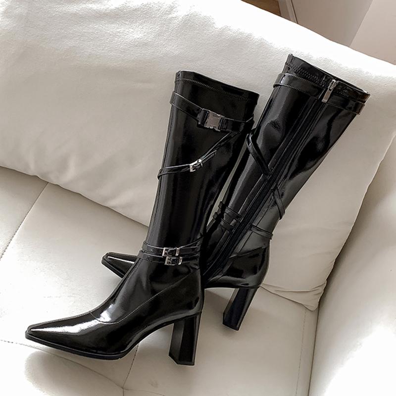 

Мода Зимний Уличный Стиль Острый Носок Женские Сапоги по Колено Пряжка на Ремне Молния Высокий Каблук Длинные Ботильоны Обувь 40 чёрный
