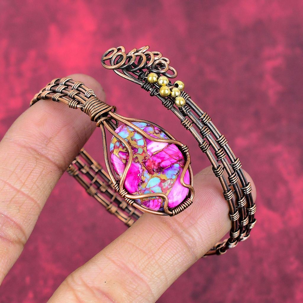 Natural Kingman Pink Dahlia Turquoise Cuff Bracelet Copper Wire Wrapped Bangle Handmade Gemstone Jewelry Adjustable Bangle Anniversary Gifts