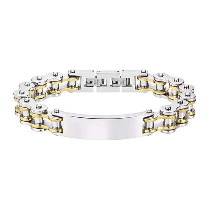 Bracelet homme - Lotus - Acier bicolore doré et argent - Longueur 221 mm - Plaque à graver