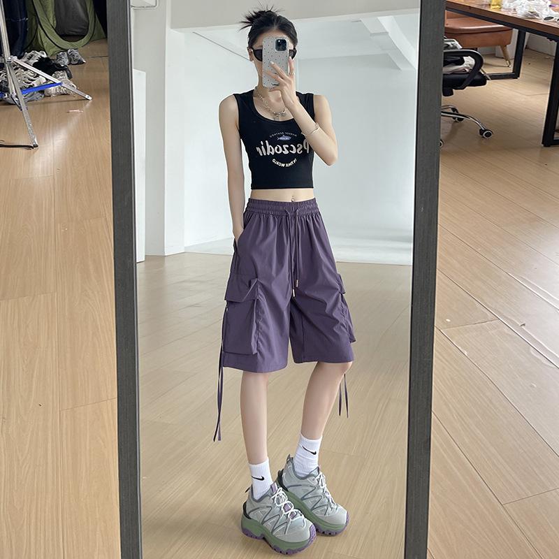 

Purple tooling shorts women s summer thin high-waisted casual wide-leg design sense quick-drying sports American five-point pants S фиолетовый