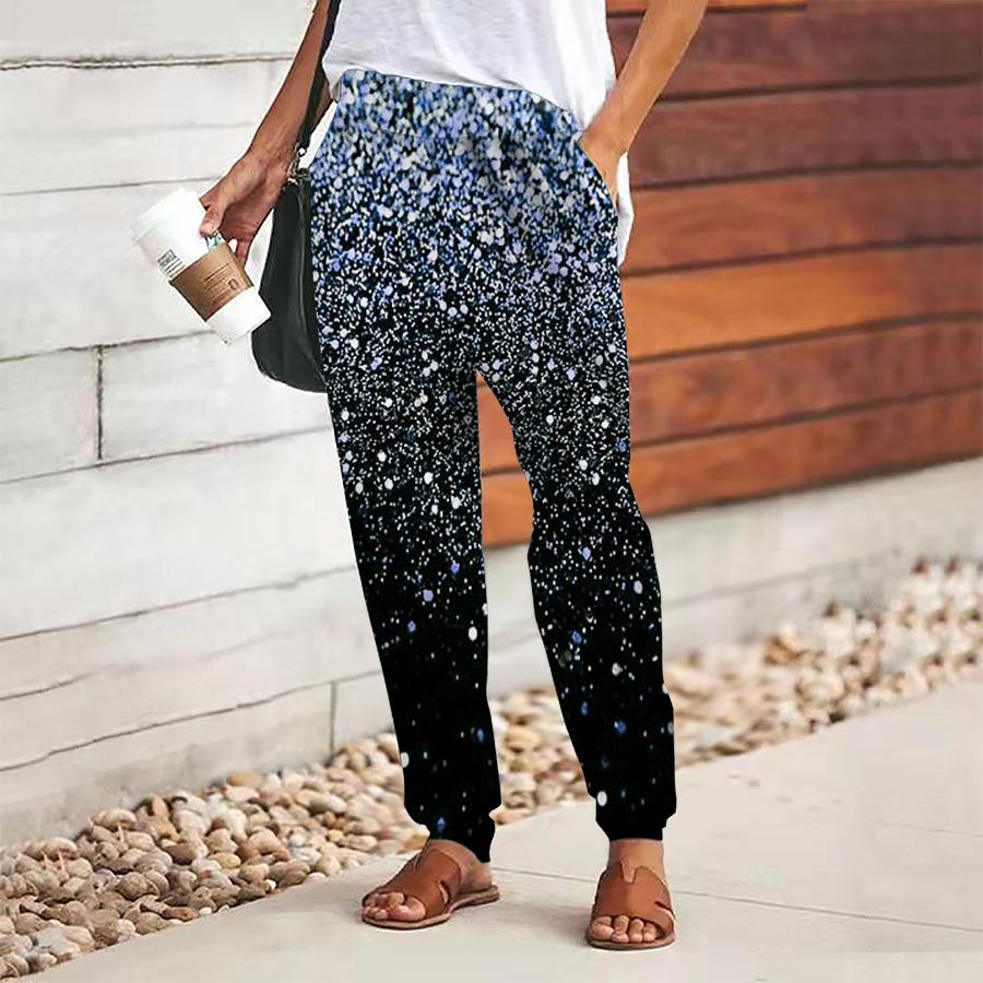 Women Glitter Printing Pants Lace Up Elastic Waist Loose  Trousers Casual Long Pants Trousers with Pockets
