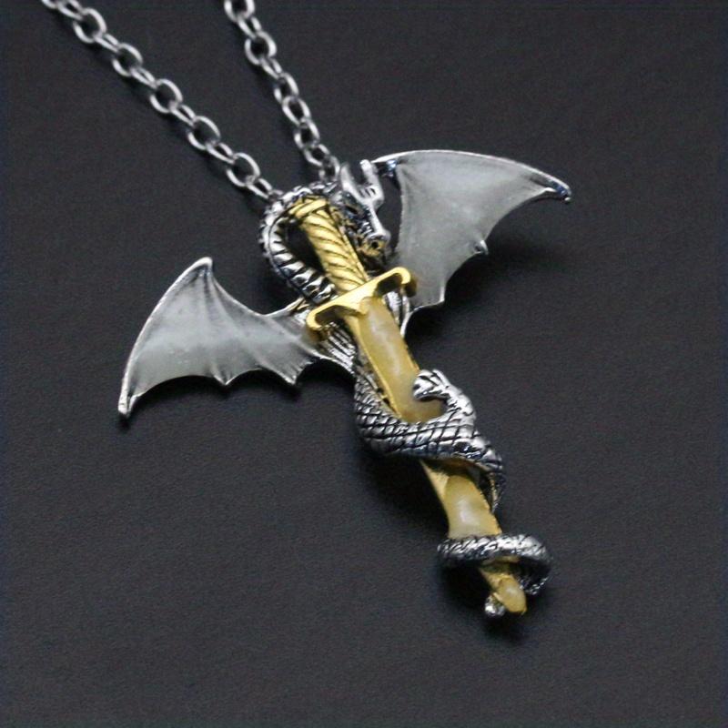 Pterosaur Twining Round The Golden Colored Sword Glow in the dark Pendant Necklace Gothic Male Jewelry Accessory For Daily Occasions
