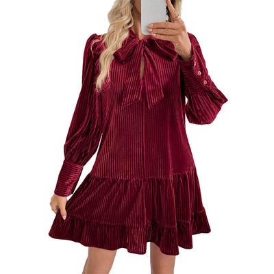 Damen Samtkleid Vintage Casual Schleifenhals Mini Rüschenkleid Weihnachten Elegant Puff Langarm Fließendes A-Linien Kleid
