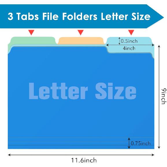 Two Tone Color File Folders 8.5 x 11 Inch, 1/3 Cut Tab File Folders Letter Size, Assorted Colors, Blue Red Green Yellow Orange Manila File Folders,
