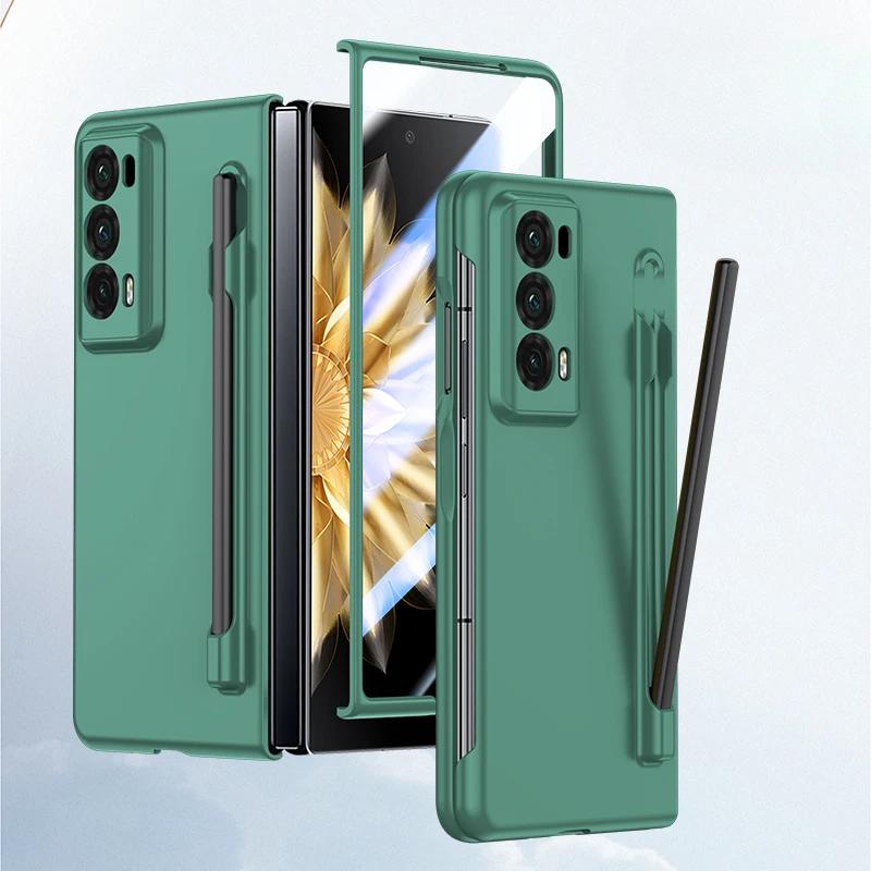 Luxury Armor Case for Honor Magic V2 Matte with Pen Skin Feel Transparent Screen and Solid Color Back Shockproof Hard Plastic Cover