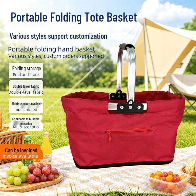 Portable Folding Picnic Basket with Multicolor Metal Handle - Large Capacity for Shopping and Outdoor Use
