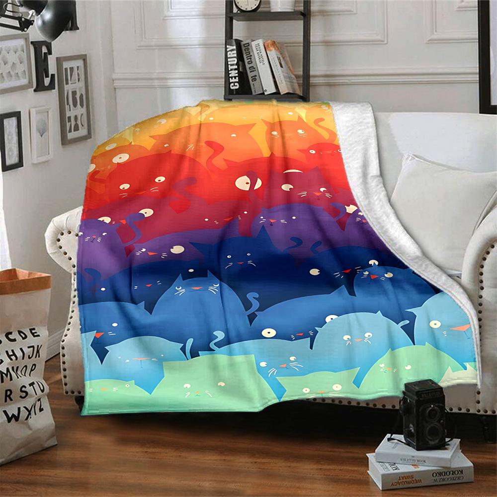 1pc Cat Rainbow Lightweight Flannel Blanket, Comfortable and Warm Blanket, for Office and Camping Sofa Bed, Livingroom129