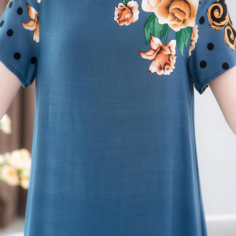 Dle Aged Mother Wearing Cotton Silk Dress Summer Dress for Long Vintage Loose Women Elegant Short Sleeve Casual O-neck Dresses Print Woman Clothing