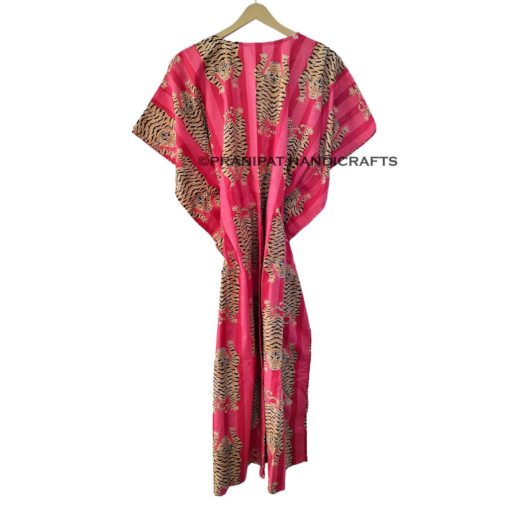 Women Cotton Summer Red Sleepwear Tibetan Tiger Print Long Maxi Caftan Dress CKFTN-SCRN-FULL-BUYIT-106