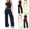 Damen Sommer Zweiteiler Ein Schulter Kurzarm Top Hohe Taille Weite Hosen Freizeit Outfit
