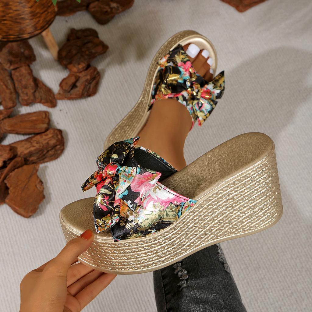 Fashion Wedges Women Shoes 2025 Summer New Shiny Big Butterfly Knot Women's Slipper Super High Heel 9CM Fashion Platform Slides