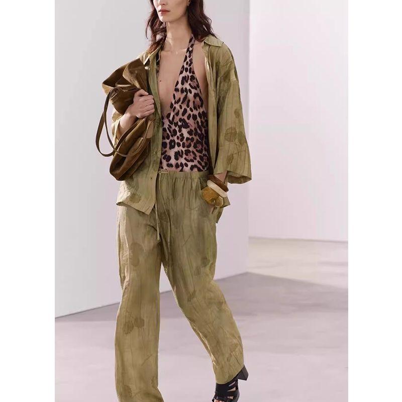 Lapel Short sleeve Jacquard Loose Shirts Top 4786046 High Waist Straight Casual Jacquard Pants 4786060