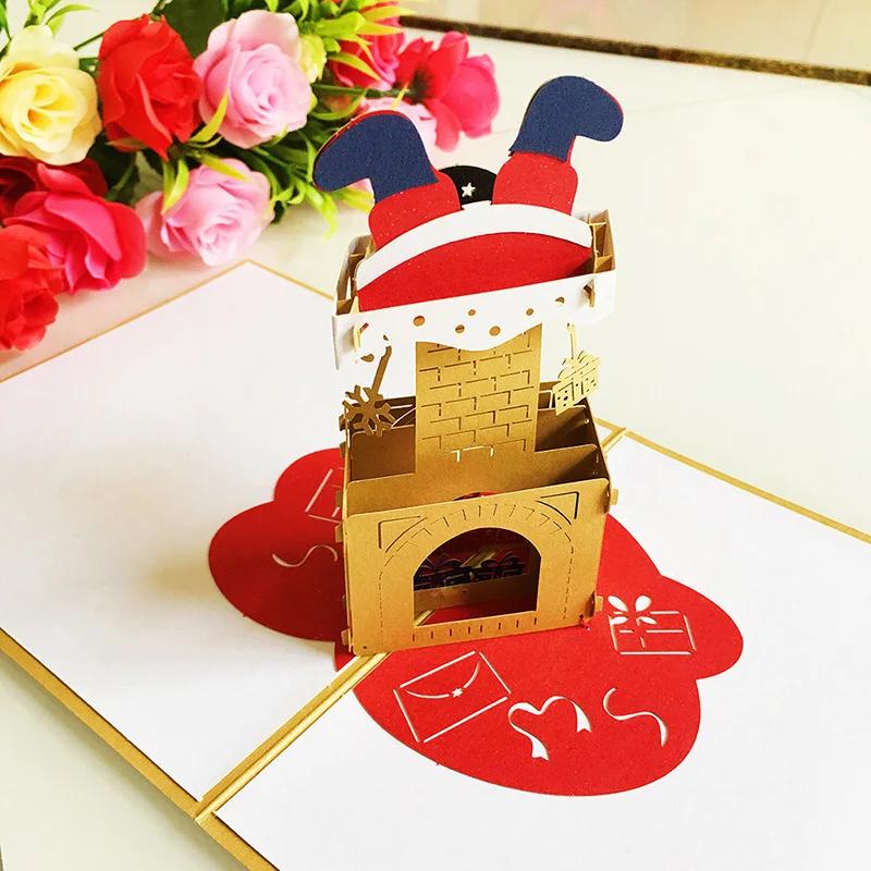 Merry Christmas Cards 3D Pop Up Christmas Tree Cards Christmas Decoration Winter Gift Laser Cut New Year Santa Greeting Cards
