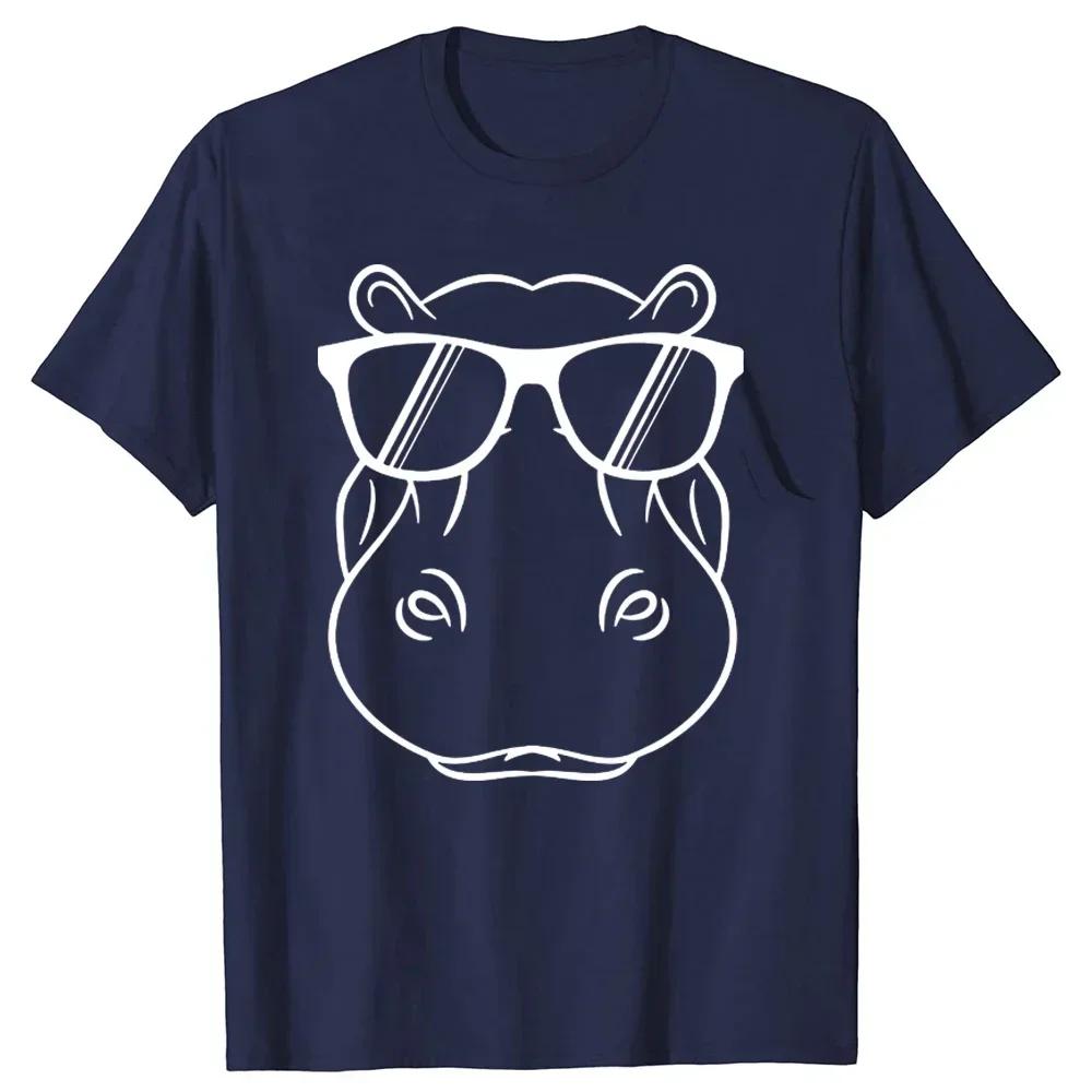 Clothing Casual Basic T-shirts Retro Vintage Hippo Hippopotamus Sunglass Tee Tops Round Neck Short-Sleeve Fashion T Clothing