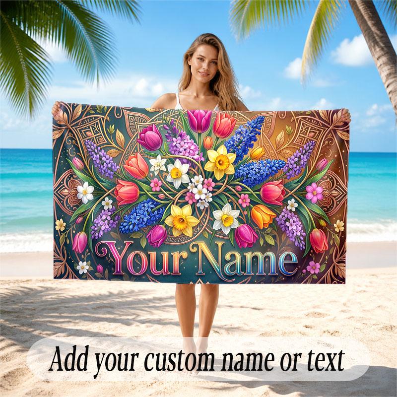Floral Garden Theme Soft Beach Towel Personalized Custom Name Text Towel Portable for Beach Pool Travel