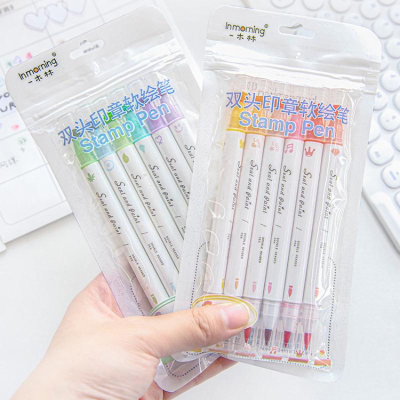 6pcs Color Stamp Pen Set Seal Paint Dual-side Brush & Highlighter Liner Art Marker for Drawing