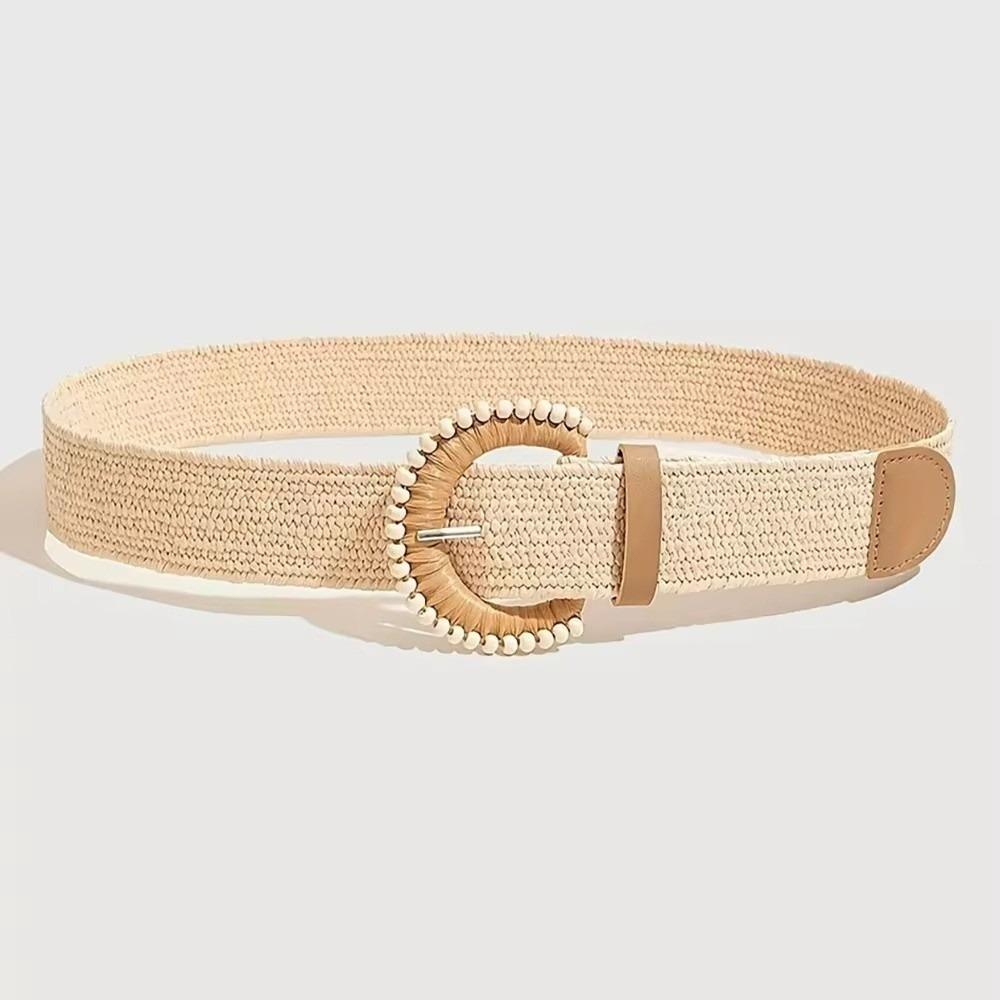 Retro Braided Elastic Belt Bohemian Style Faux Pearl Decor Woven Elastic Belt Durable Adjustable Straw Woven Belt for Women