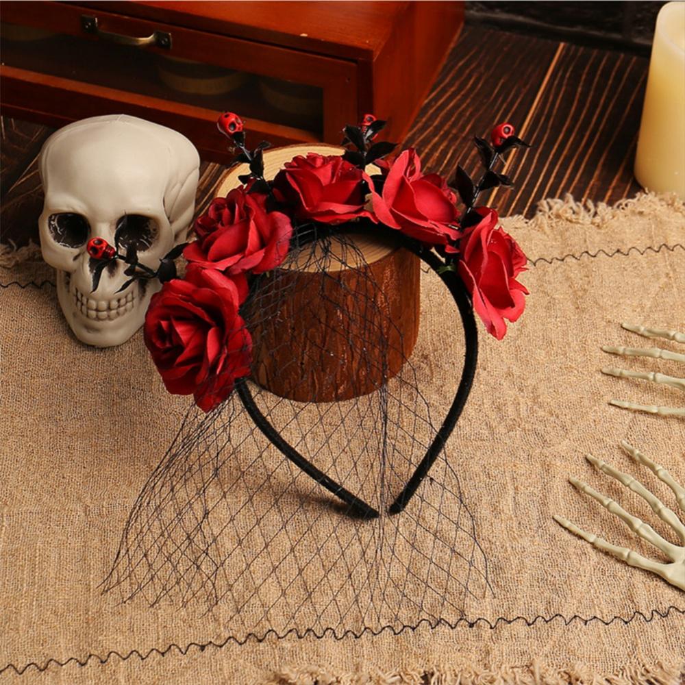 New Halloween Rose Flower Hair Band Hair Hoop Skull Crown Headband with Black Veil Costume Party Performance Cosplay Headwear