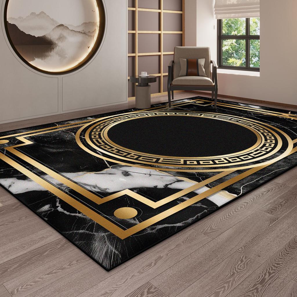 Luxury Black Gaming Room Decoration Carpet Marble Style Golden Border Living Room Rug Soft Non-slip Mat for Kids Easy Cleaning