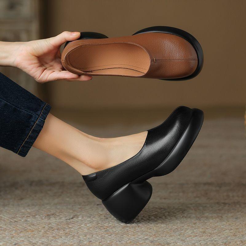 Thick Heel Elegant Light Mouth Small Leather Shoes One Pedal Commuting Single Shoes Summer New Mother Shoes