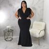 Plus Size Fringe V Neck Maxi Dress Long Sleeve Mermaid Gown Curvy Bodycon Fishtail Long Dress Sexy Tassel Shoulder Evening Party Formal Wedding Gown