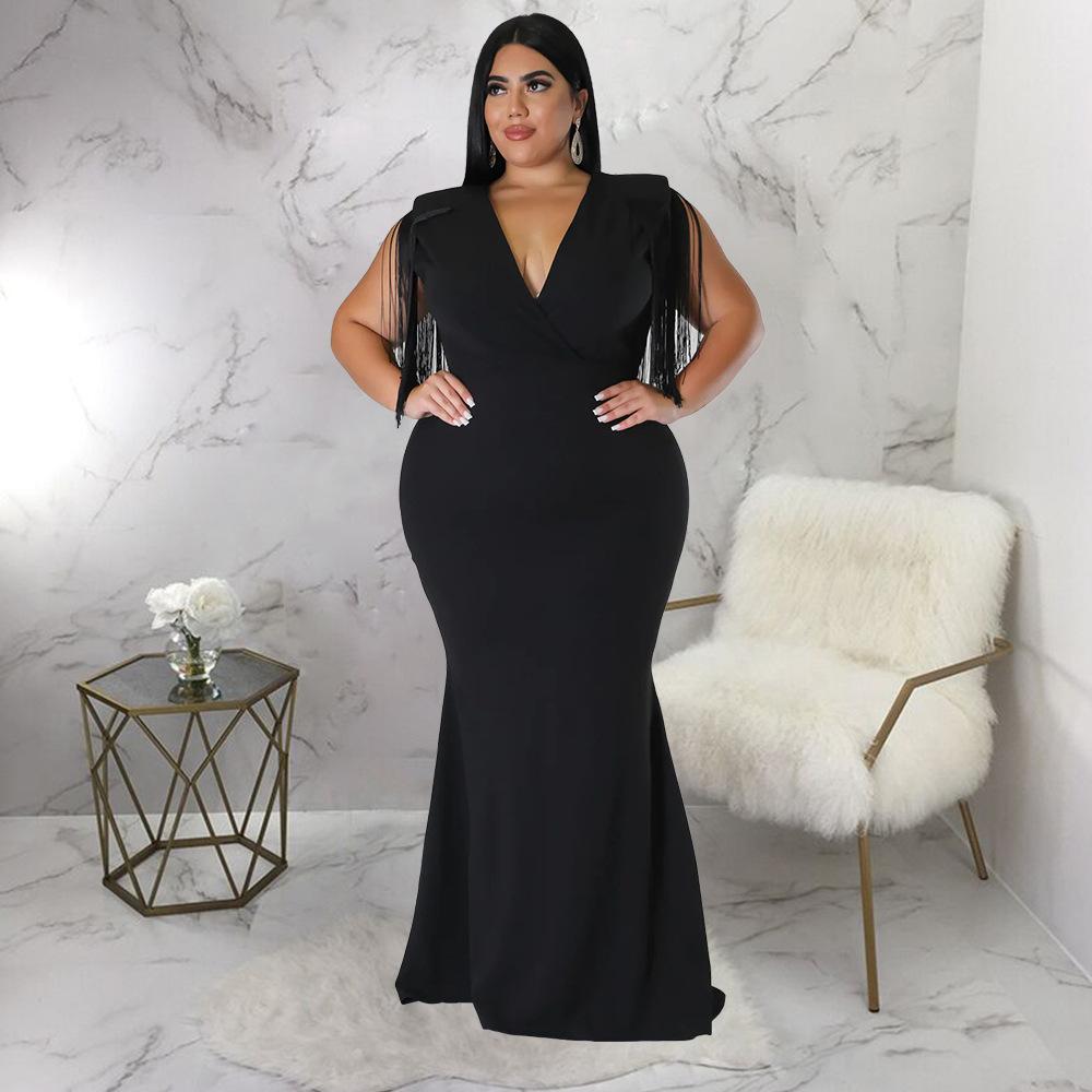 Plus Size Fringe V Neck Maxi Dress Long Sleeve Mermaid Gown Curvy Bodycon Fishtail Long Dress Sexy Tassel Shoulder Evening Party Formal Wedding Gown