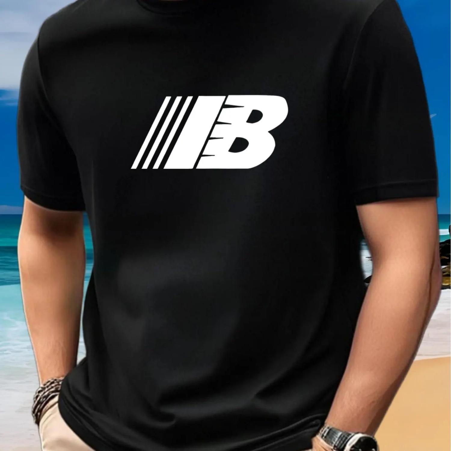 

Men sT-Shirt – Breathable Athletic Tee Casual Short Sleeve Moisture Wicking Top Stylish Striped Letter B Graphic Workout Shirt S чёрный