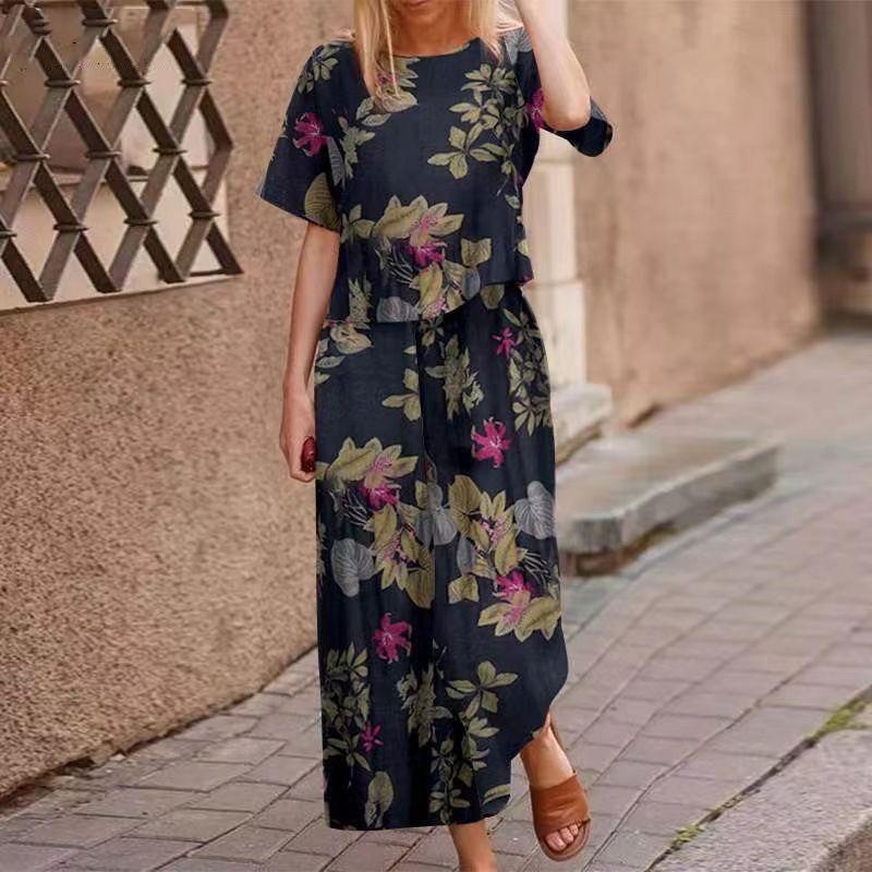 Summer Short-sleeved Cotton and Linen Two-piece Women's Casual Printed Trousers Suit