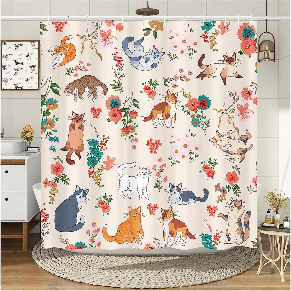Funny Cats Shower Curtains Cute Cartoon Animal Pet Floral Bath Curtain Set Polyester Fabric Black Bathroom Decoration with Hooks