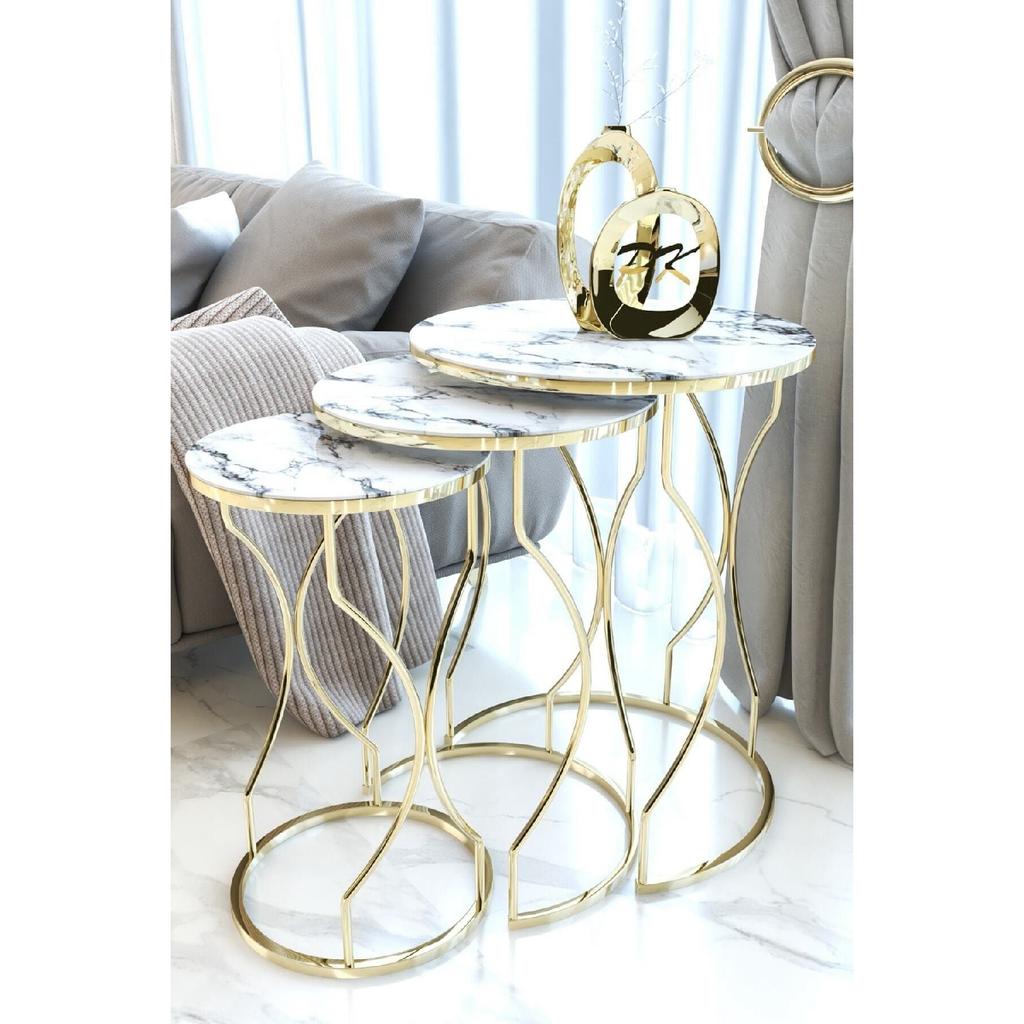 Rya 3-seat Nesting Coffee Table Gold Color Metal Leg, Marble Patterned Shatterproof Glass