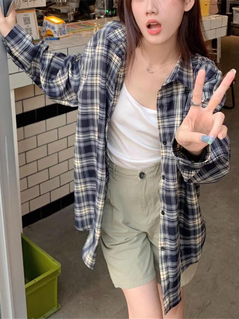 Retro Plaid Women's Cardigan Shirt - Long Sleeve, Sun-Protective, Casual Spring/Summer Top