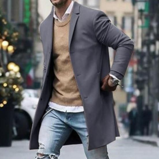 Męska kurtka wiatrówka z klapami, długi rękaw, jednorzędowa, ciepła, z kieszeniami, jednokolorowa, średniej długości kurtka-płaszcz