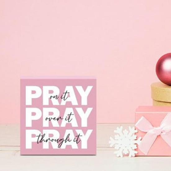 Pray On It Wooden Sign Pink Prayer Room Decor for Women Inspirational Christian Desk Sign for Dorm Room Bedroom Office Decor