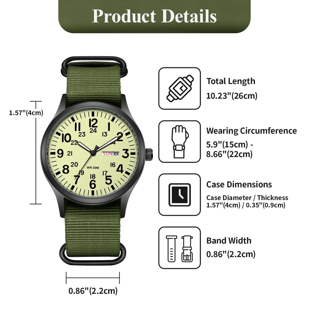 JEWELRYWE Men's Military Watch Nylon Strap Waterproof Luminous Analog Calendar 12/24 Hour Quartz Green Stylish Sports Accessory