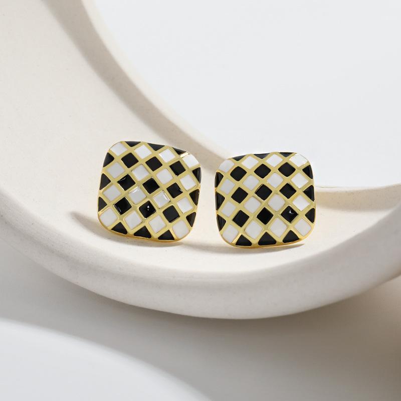 Mosaic Enamel Earrings Women S Vintage Irregular Silver Needle Epoxy Square Checkerboard Earrings Premium Durable