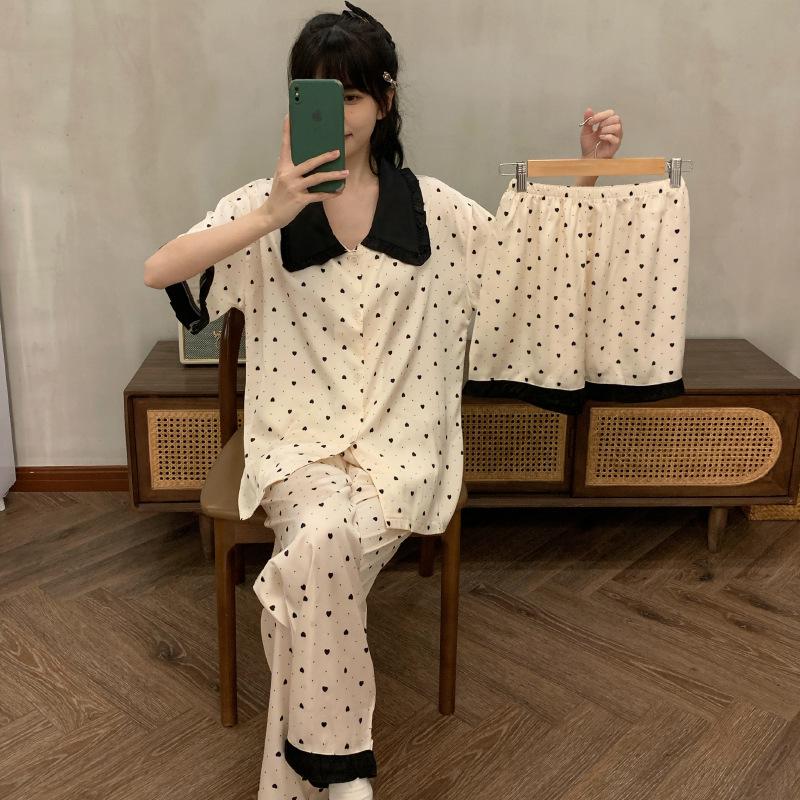 Women's Ice Silk Cherry Print Pajama Set - Elegant Summer Three-Piece Lounge Wear