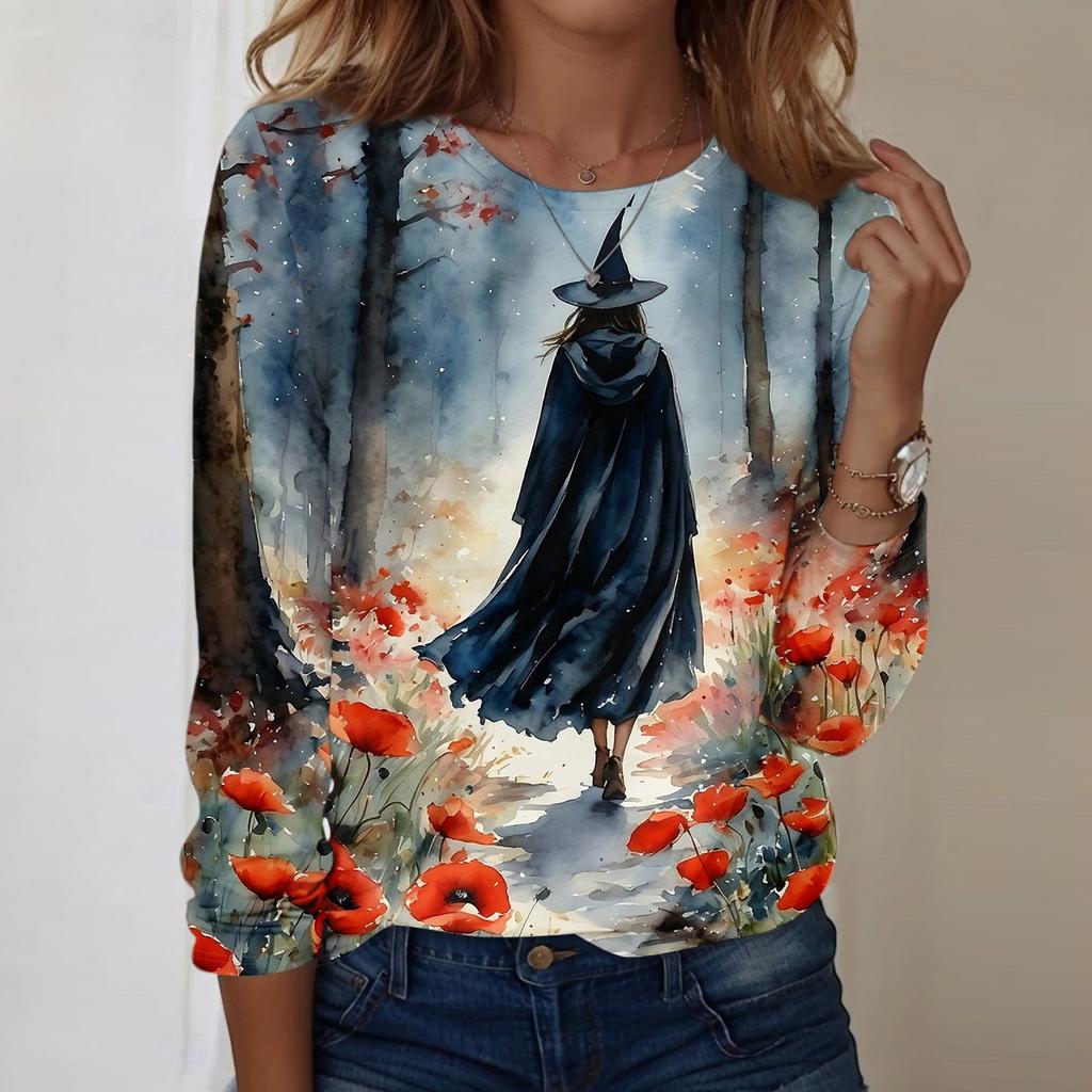 Women's Halloween Print Oversized Long Sleeve Round Neck Top